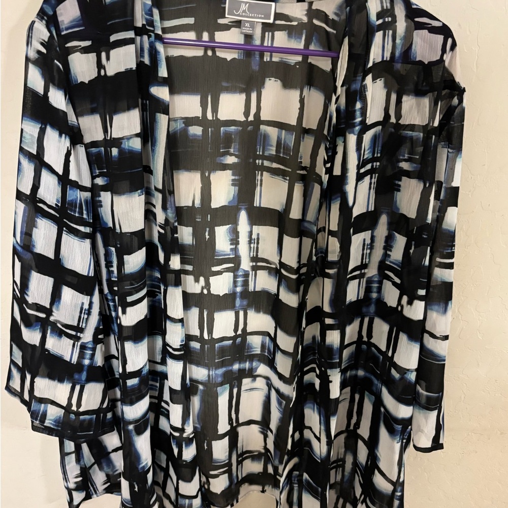 JM Collection Black, White & Blue Patterned women’s shirt